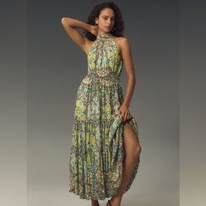 Anthropologie The Somerset Maxi Dress: Halter Edition in Green Motif